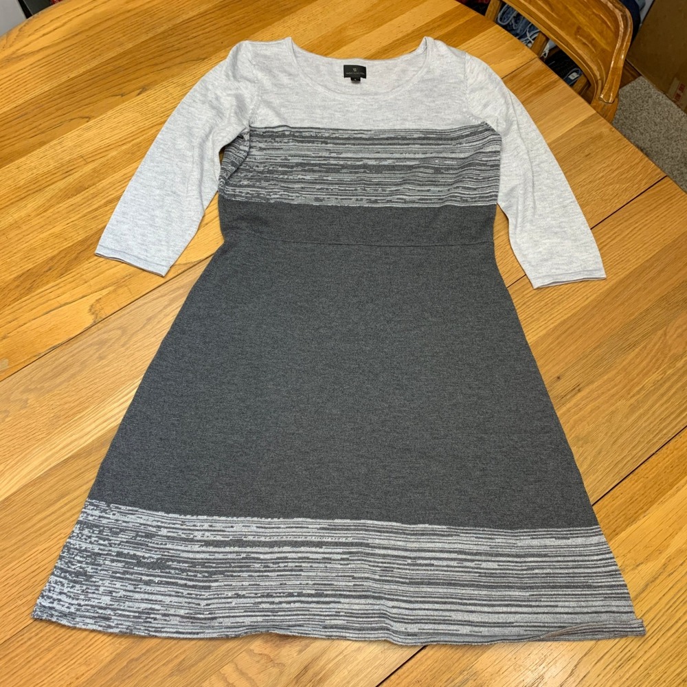 Worthington Gray Striped Fit Flare Sweater Dress Womens Large 3/4 Sleeve Knit